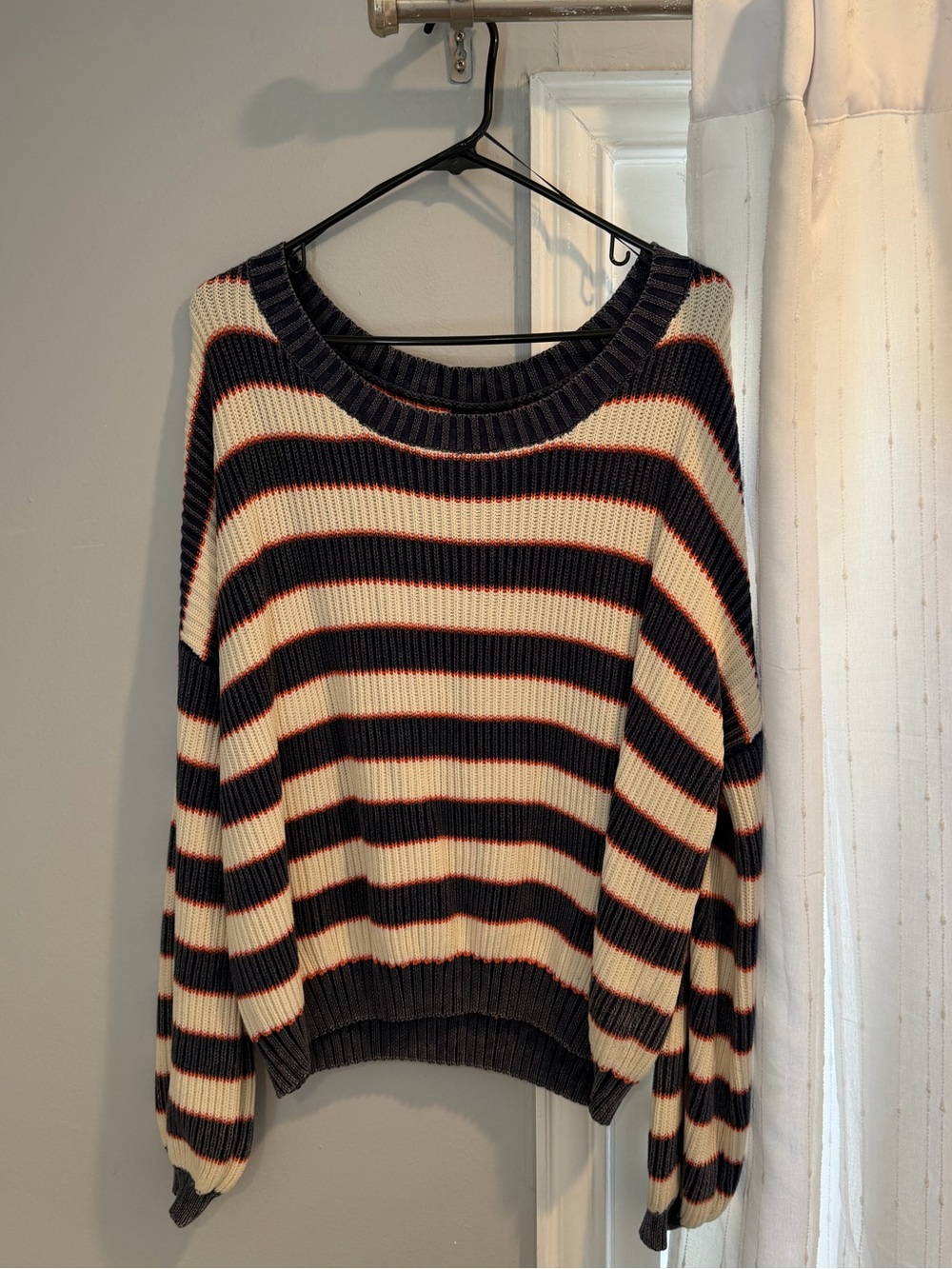 Striped Black and Cream Ribbed Crewneck Sweater